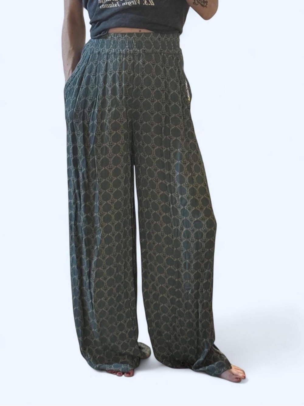 Anthropologie Gauzy Pull-On Wide-Leg Pants S Green Geo Mermaid Tag